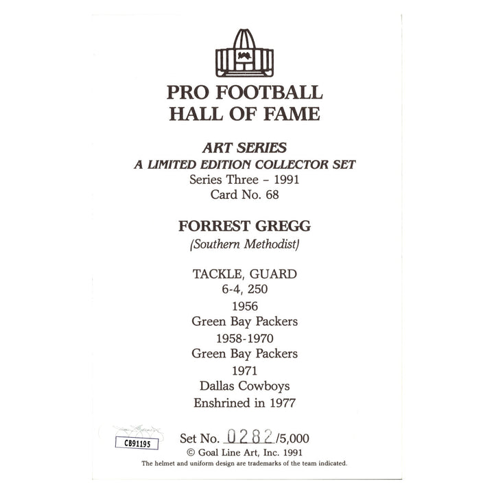 Forrest Gregg Green Bay Packers Autographed Signed Pro Football Hall Of Fame Goal Line Art Card #282/5000 (JSA COA #CB91195)