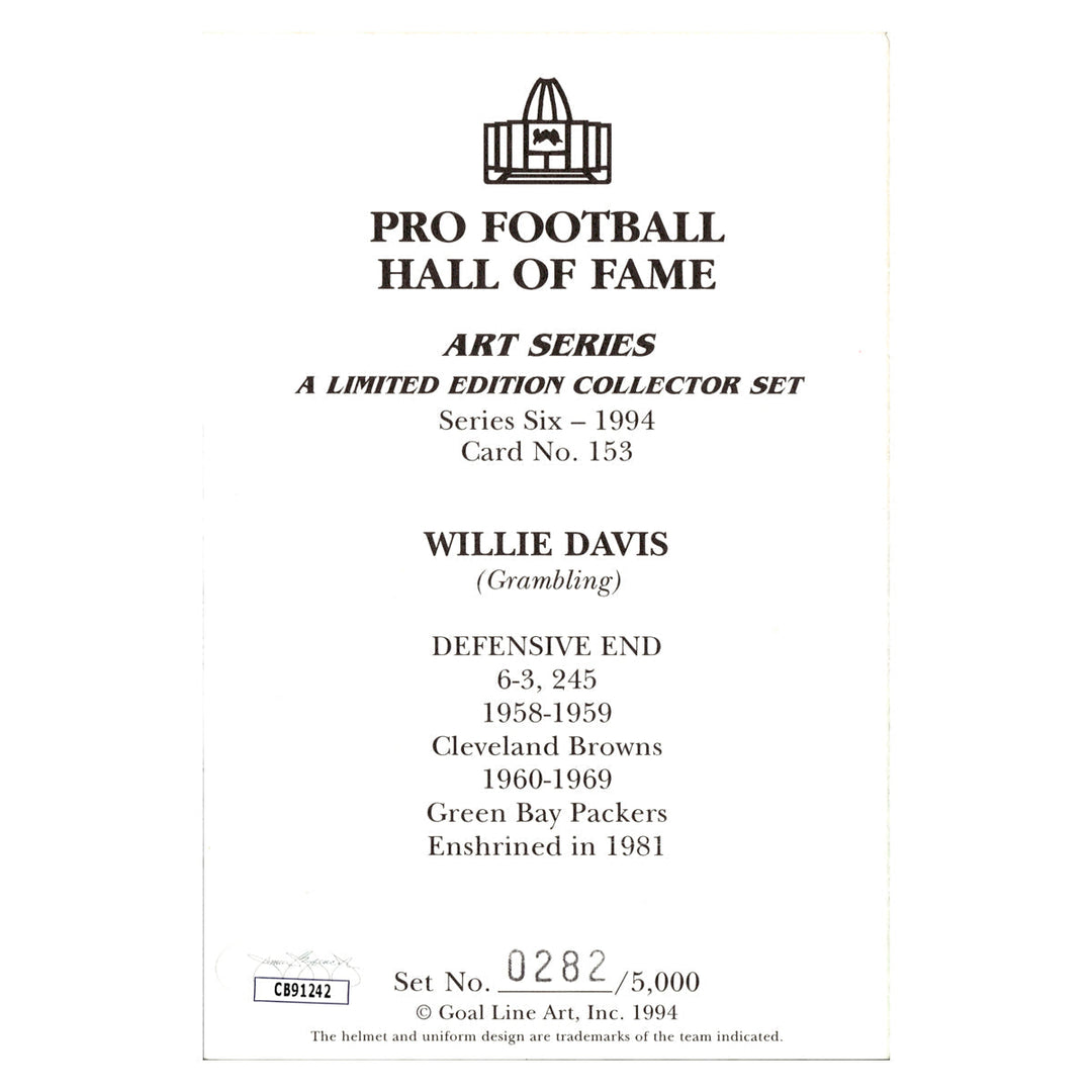 Willie Davis Green Bay Packers Autographed Signed Pro Football Hall Of Fame Goal Line Art Card #282/5000 (JSA COA #CB91242)