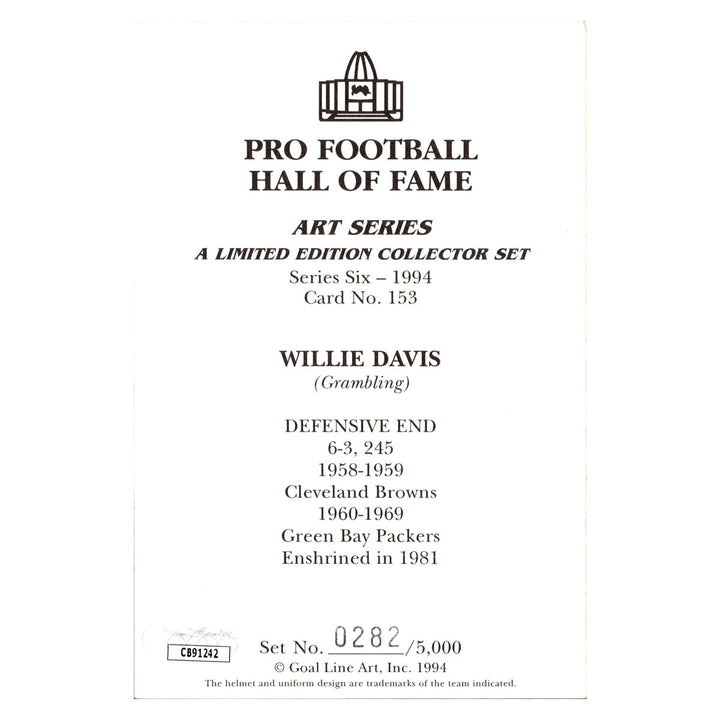Willie Davis Green Bay Packers Autographed Signed Pro Football Hall Of Fame Goal Line Art Card #282/5000 (JSA COA #CB91242)