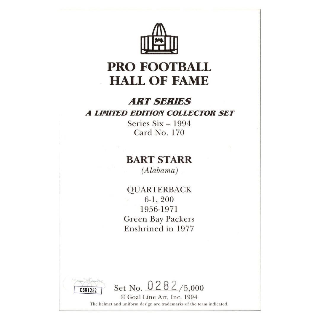 Bart Starr Green Bay Packers Autographed Signed Pro Football Hall Of Fame Goal Line Art Card #282/5000 (JSA COA #CB91252)