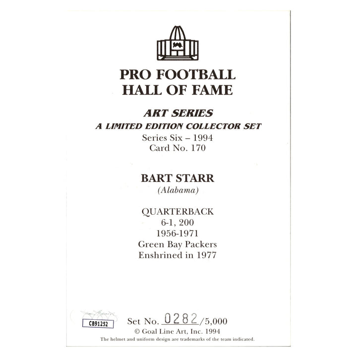 Bart Starr Green Bay Packers Autographed Signed Pro Football Hall Of Fame Goal Line Art Card #282/5000 (JSA COA #CB91252)