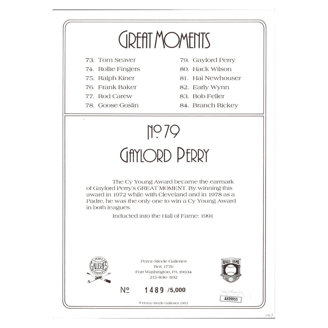 Gaylord Perry San Francisco Giants Autographed Signed Perez Steele 1990 Greatest Moments #1489/5000 (JSA COA #AX09955)