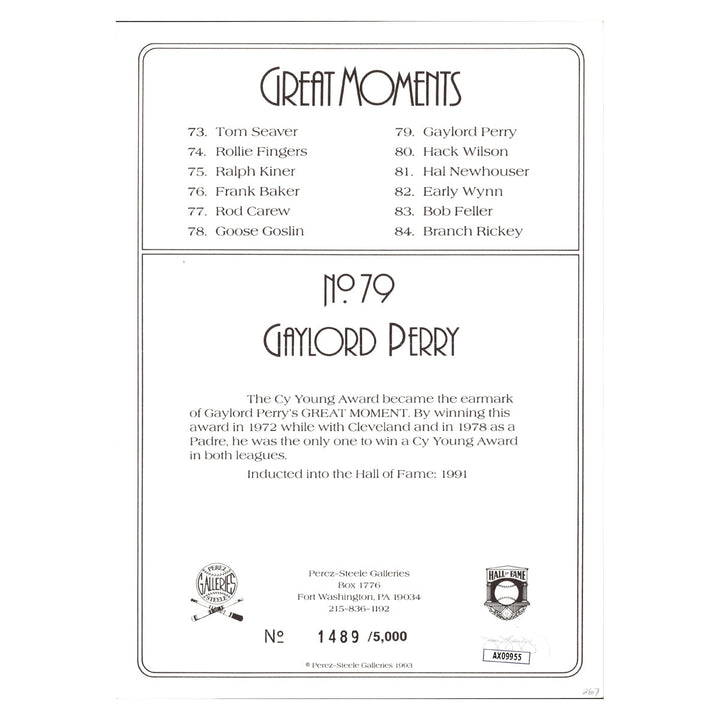 Gaylord Perry San Francisco Giants Autographed Signed Perez Steele 1990 Greatest Moments #1489/5000 (JSA COA #AX09955)