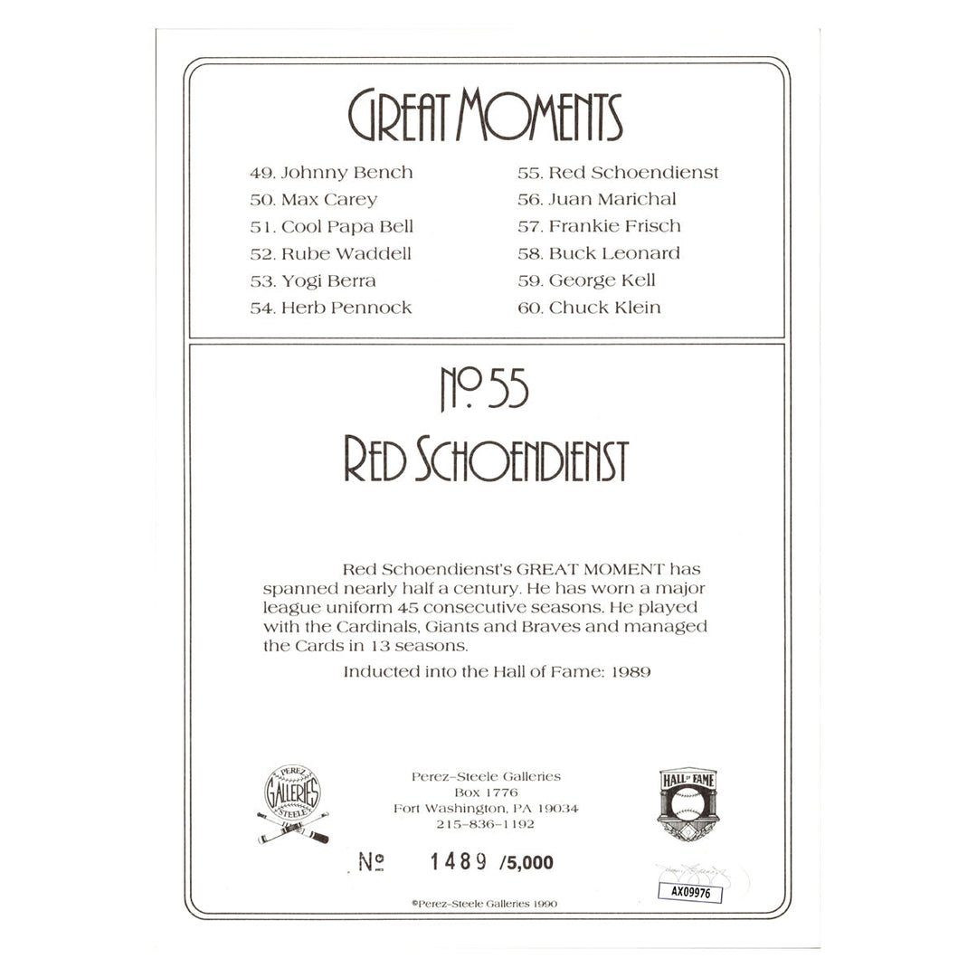 Red Schoendienst St. Louis Cardinals Autographed Signed Perez Steele 1990 Greatest Moments #1489/5000 (JSA COA #AX09976)