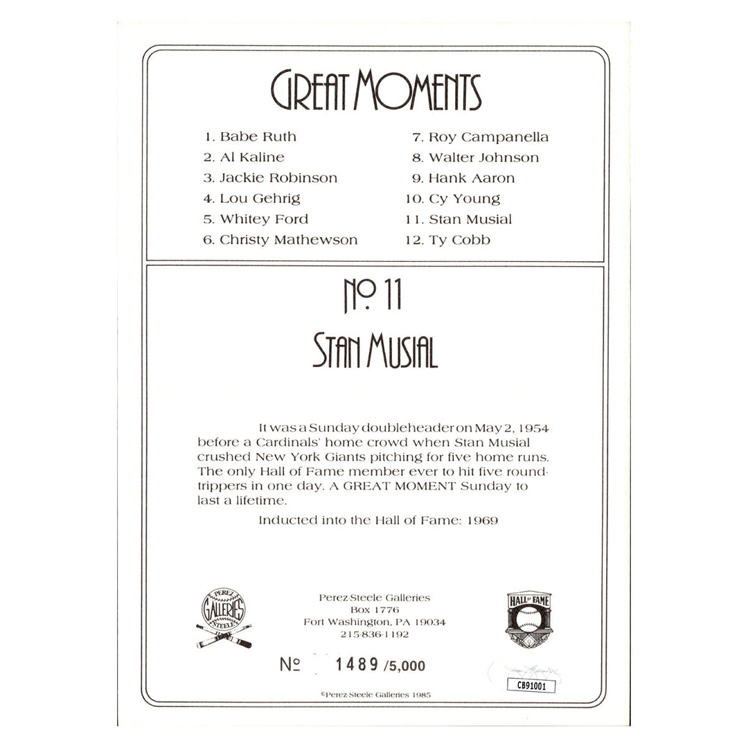 Stan Musial St. Louis Cardinals Autographed Signed Perez Steele 1990 Greatest Moments #1489/5000 (JSA COA #CB91001)