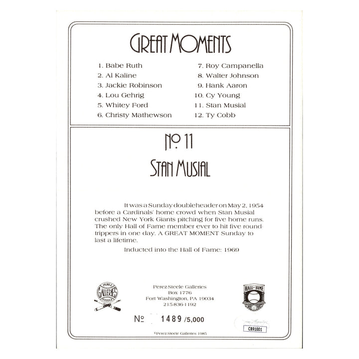 Stan Musial St. Louis Cardinals Autographed Signed Perez Steele 1990 Greatest Moments #1489/5000 (JSA COA #CB91001)