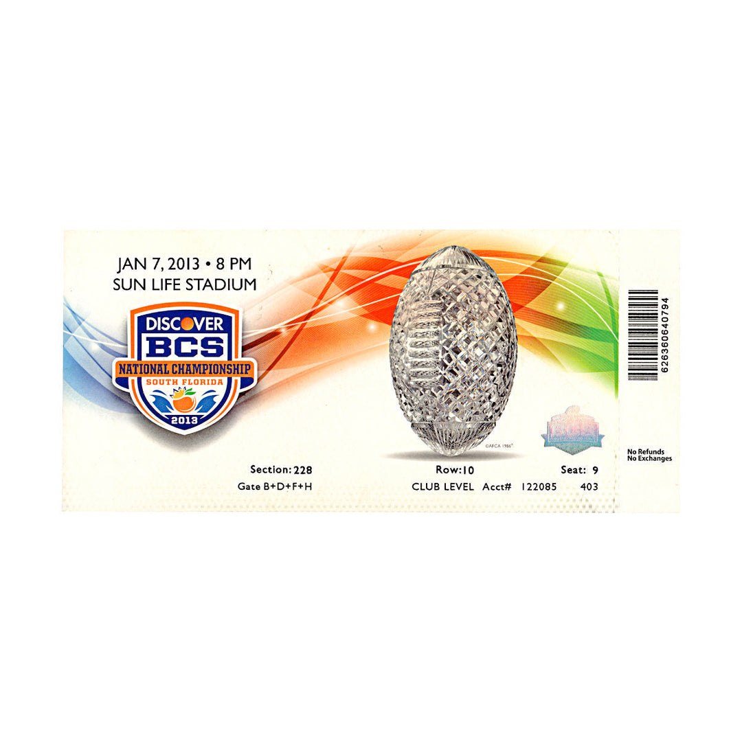 2013 BCS National Championship Ticket Stub (Club Level, 10, 9)