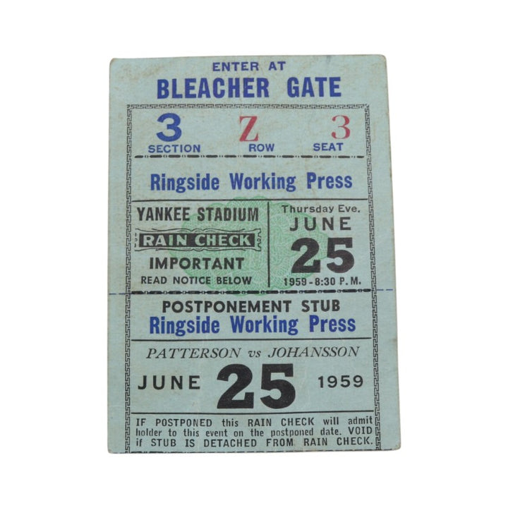 Floyd Patterson vs Ingemar Johansson June 25th 1959 Program and Ticket Stub Set