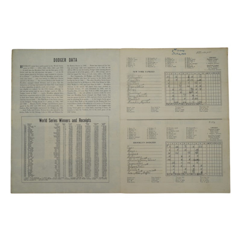 New York Yankees vs. Brooklyn Dodgers 1952 World Series 9x12 Program Scored-2