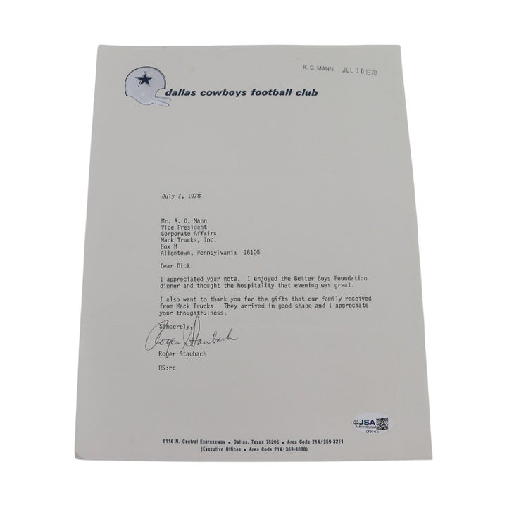 Roger Staubach Dallas Cowboys Autographed 1978 Letter JSA COA
