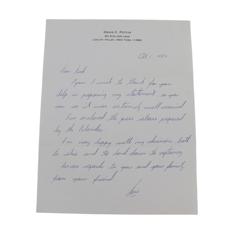 Denis Potvin New York Islanders Autographed Personalized October 1st 1987 Letter JSA COA
