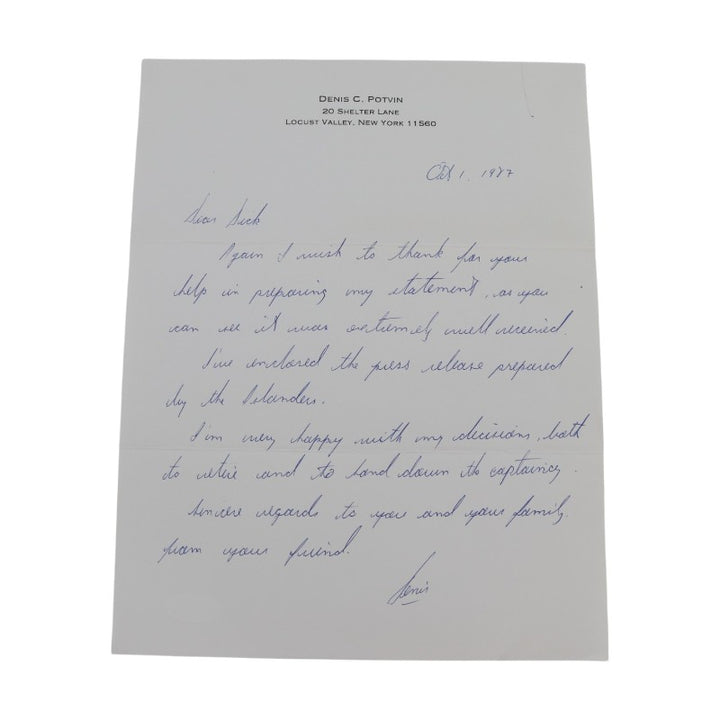 Denis Potvin New York Islanders Autographed Personalized October 1st 1987 Letter JSA COA