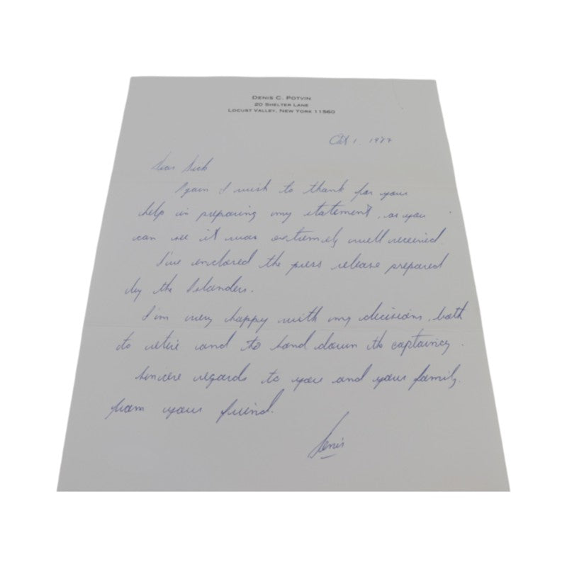 Denis Potvin New York Islanders Autographed Personalized October 1st 1987 Letter JSA COA