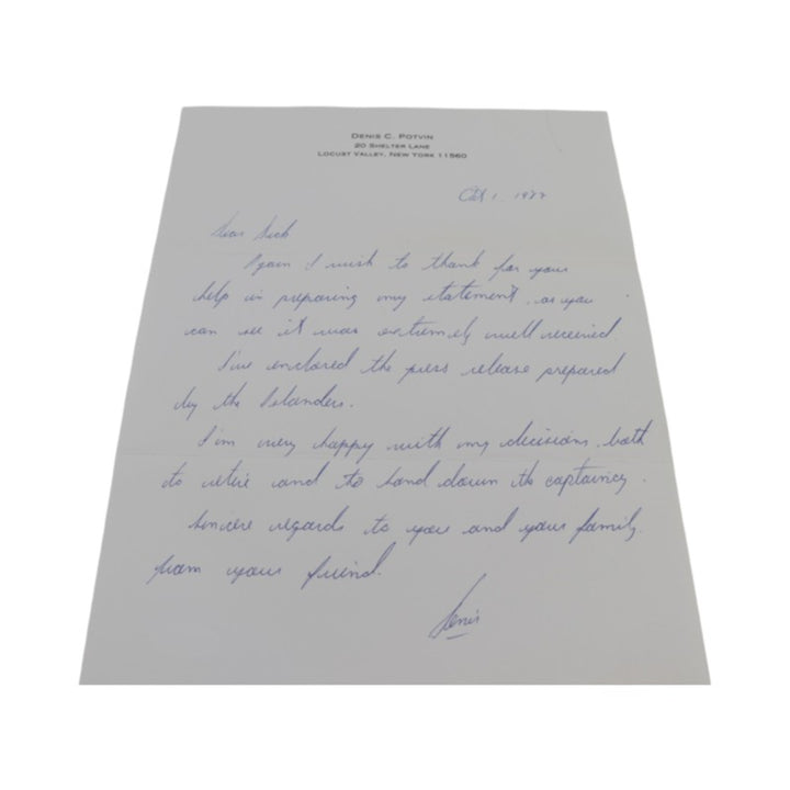Denis Potvin New York Islanders Autographed Personalized October 1st 1987 Letter JSA COA