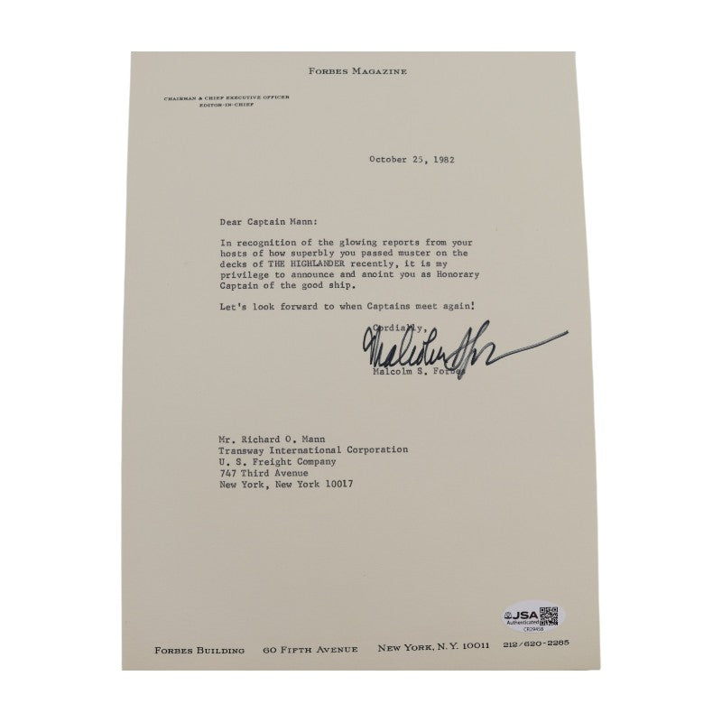 Malcolm S. Forbes Publisher of Forbes Autographed Forbes Highlander Captain Set JSA COA