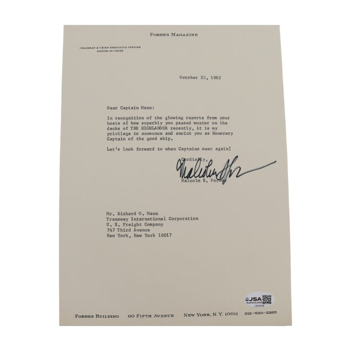 Malcolm S. Forbes Publisher of Forbes Autographed Forbes Highlander Captain Set JSA COA