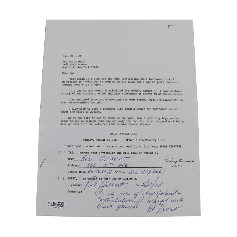 Rod Gilbert New York Rangers Signed Inscribed MBIA Invitational 6x8 RSVP Letter JSA COA