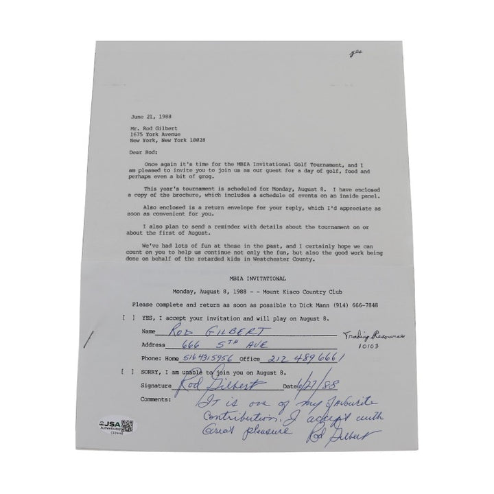 Rod Gilbert New York Rangers Signed Inscribed MBIA Invitational 6x8 RSVP Letter JSA COA