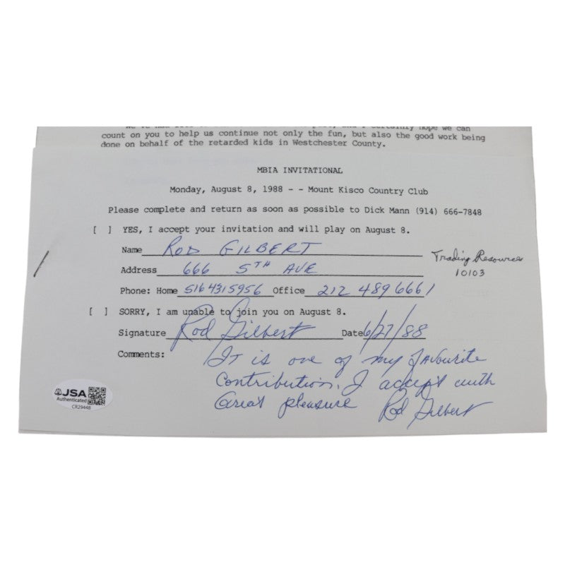 Rod Gilbert New York Rangers Signed Inscribed MBIA Invitational 6x8 RSVP Letter JSA COA