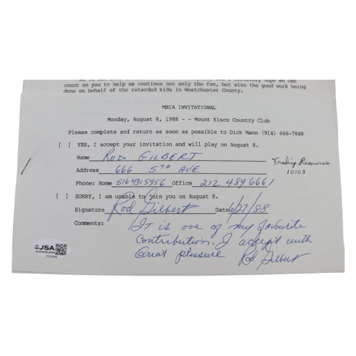 Rod Gilbert New York Rangers Signed Inscribed MBIA Invitational 6x8 RSVP Letter JSA COA