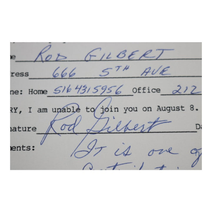 Rod Gilbert New York Rangers Signed Inscribed MBIA Invitational 6x8 RSVP Letter JSA COA