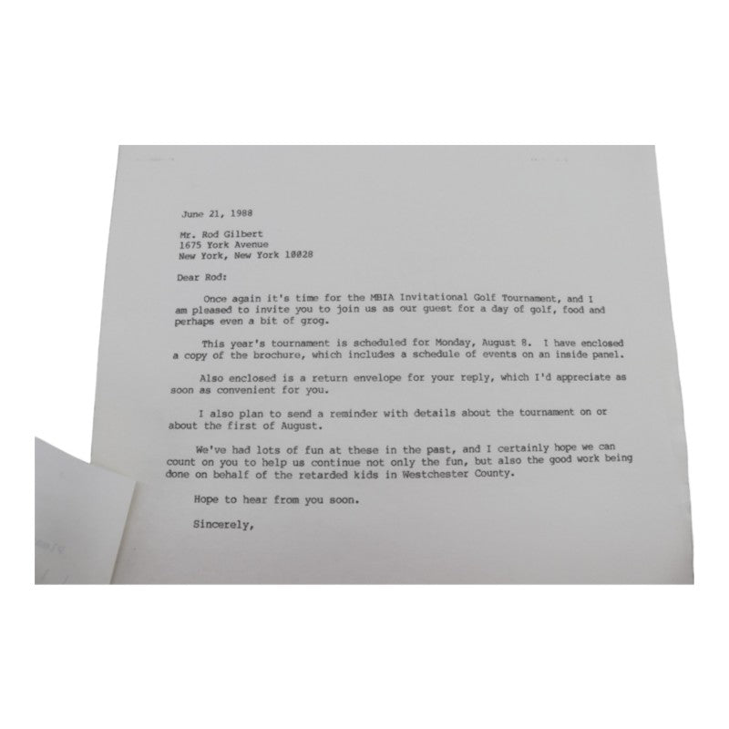 Rod Gilbert New York Rangers Signed Inscribed MBIA Invitational 6x8 RSVP Letter JSA COA