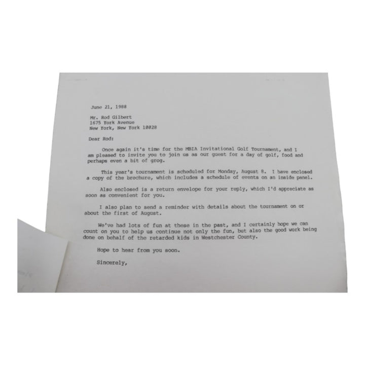 Rod Gilbert New York Rangers Signed Inscribed MBIA Invitational 6x8 RSVP Letter JSA COA
