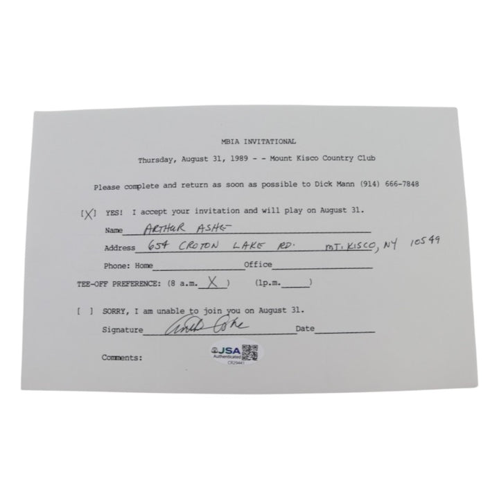 Arthur Ashe Tennis Autographed Personalized MBIA Invitational 6x8 RSVP Letter JSA COA