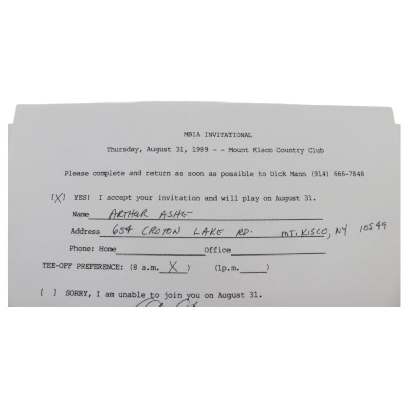 Arthur Ashe Tennis Autographed Personalized MBIA Invitational 6x8 RSVP Letter JSA COA