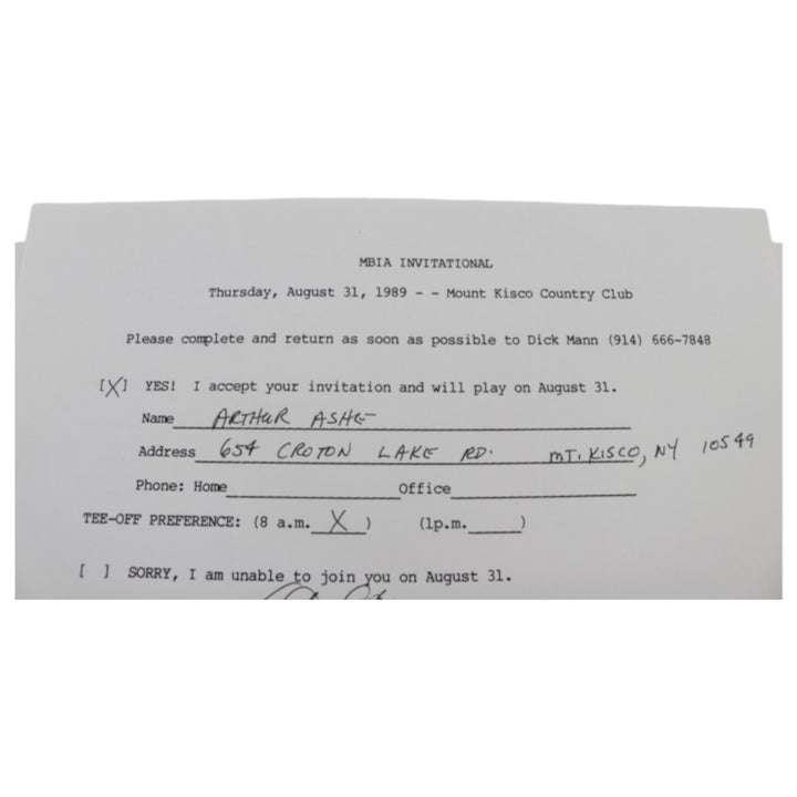 Arthur Ashe Tennis Autographed Personalized MBIA Invitational 6x8 RSVP Letter JSA COA