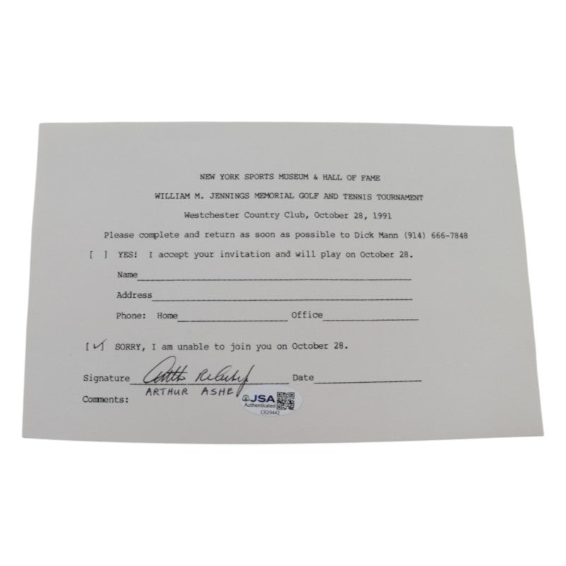 Arthur Ashe Tennis Pro Autographed NYSM&HOF 6x8 RSVP Letter JSA COA