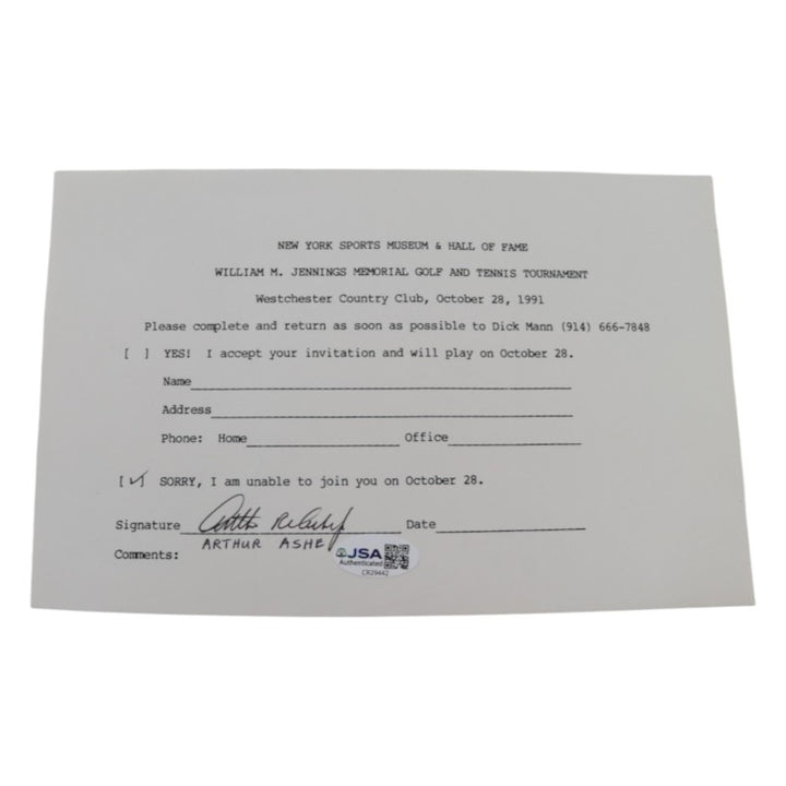 Arthur Ashe Tennis Pro Autographed NYSM&HOF 6x8 RSVP Letter JSA COA