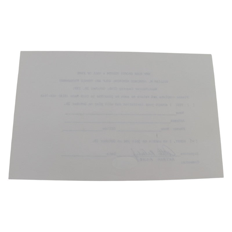 Arthur Ashe Tennis Pro Autographed NYSM&HOF 6x8 RSVP Letter JSA COA