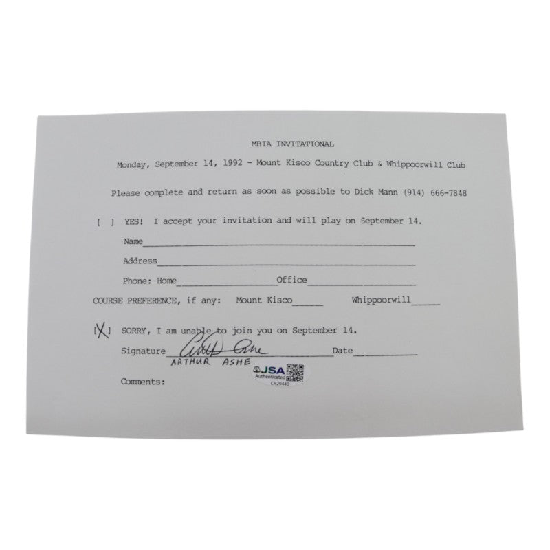 Arthur Ashe U.S. Open Autographed MBIA Invitational 6x8 RSVP Letter JSA COA