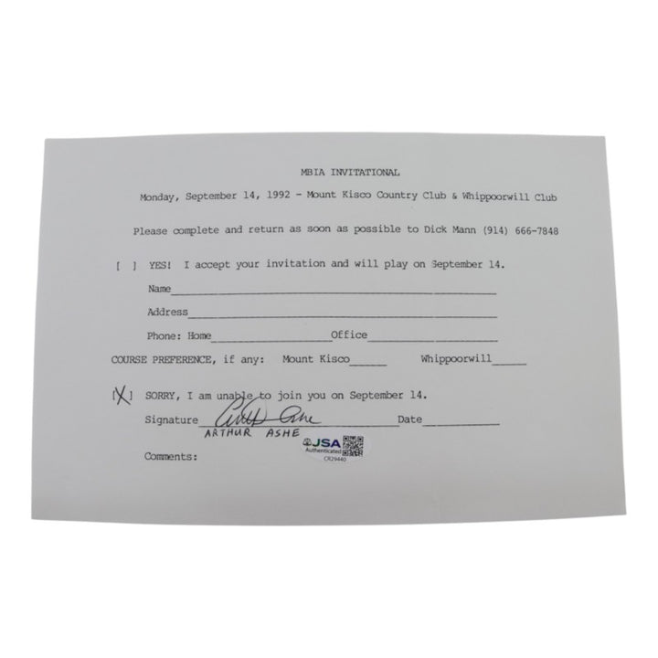 Arthur Ashe U.S. Open Autographed MBIA Invitational 6x8 RSVP Letter JSA COA
