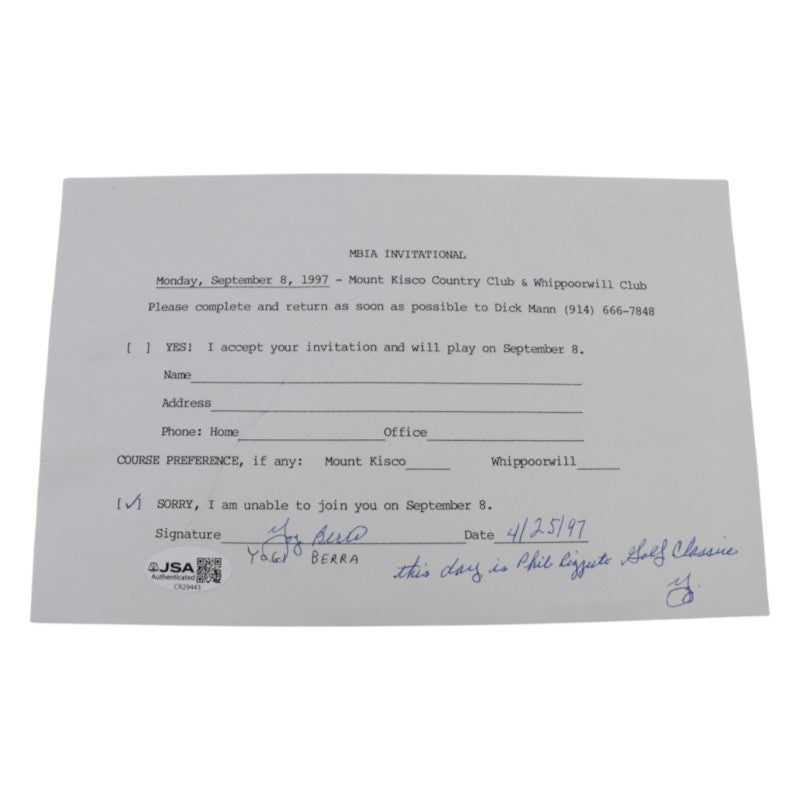 Yogi Berra New York Yankees Signed Inscribed MBIA Invitational 6x8 RSVP Letter JSA COA
