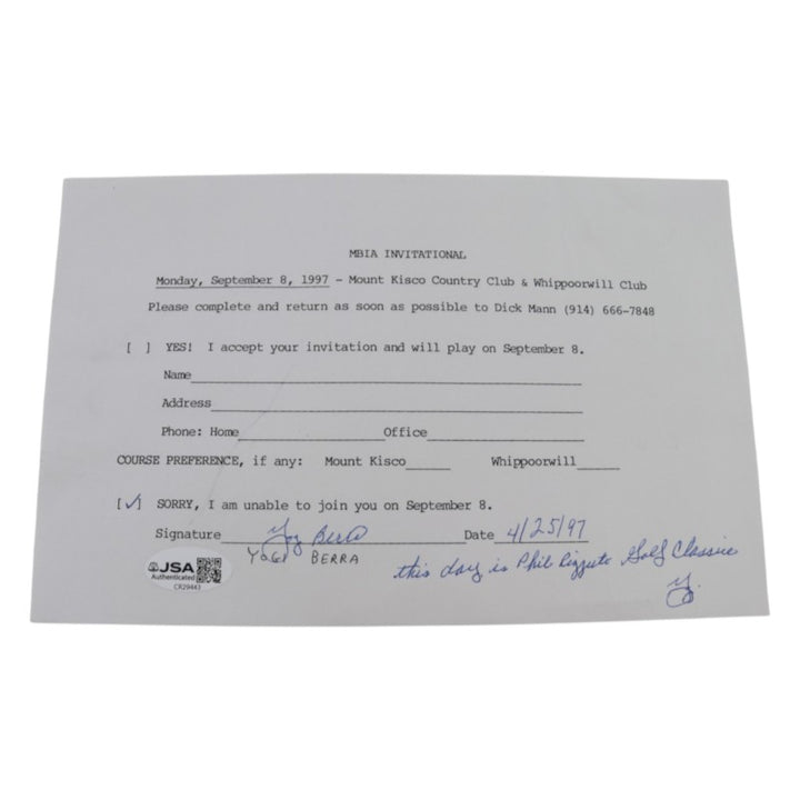 Yogi Berra New York Yankees Signed Inscribed MBIA Invitational 6x8 RSVP Letter JSA COA