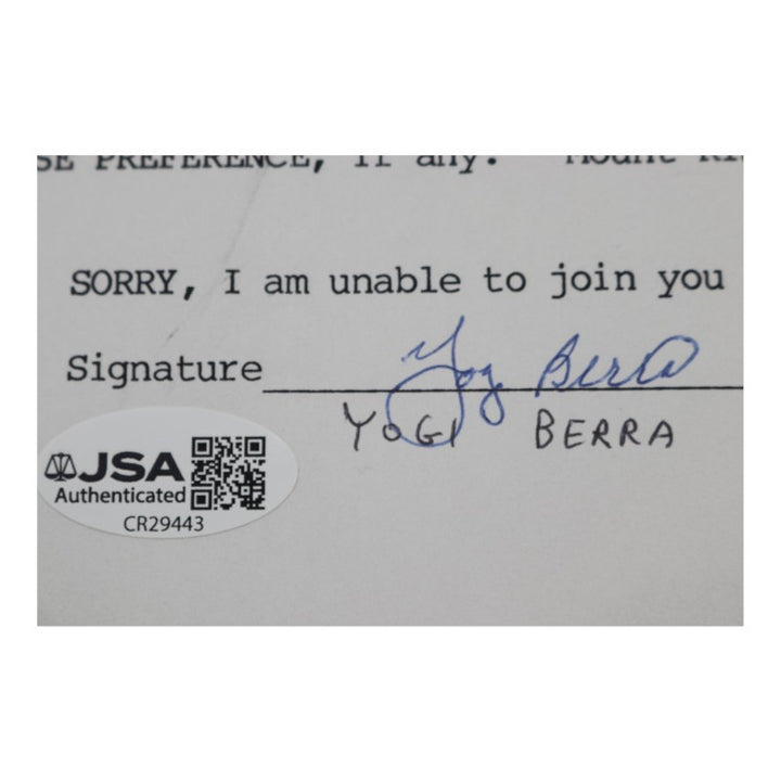 Yogi Berra New York Yankees Signed Inscribed MBIA Invitational 6x8 RSVP Letter JSA COA