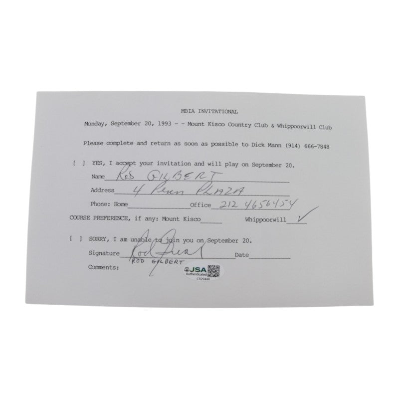 Rod Gilbert New York Rangers Signed Inscribed MBIA Invitational 6x8 RSVP Letter JSA COA