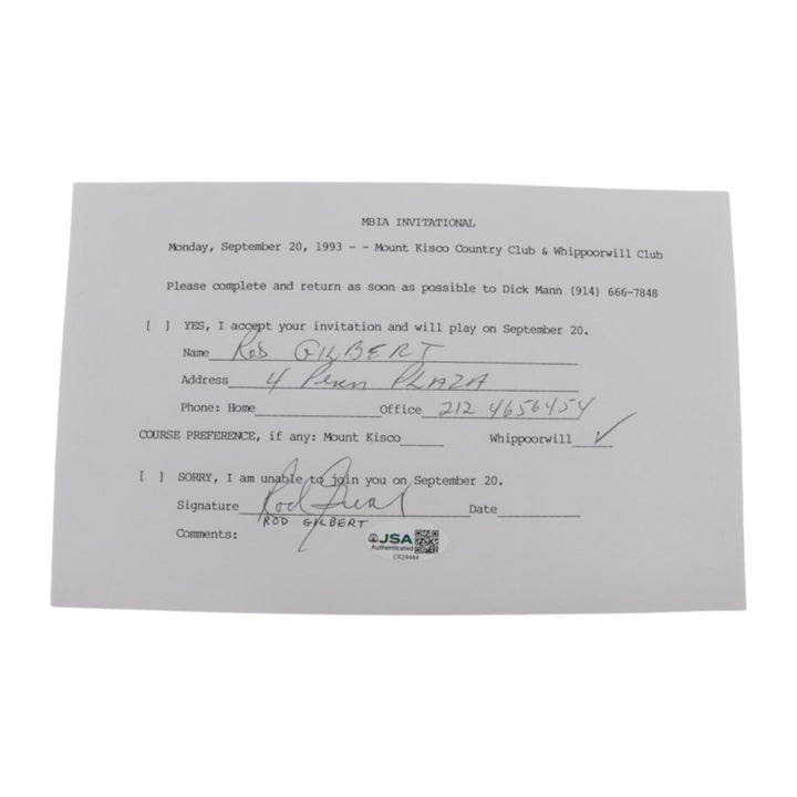 Rod Gilbert New York Rangers Signed Inscribed MBIA Invitational 6x8 RSVP Letter JSA COA