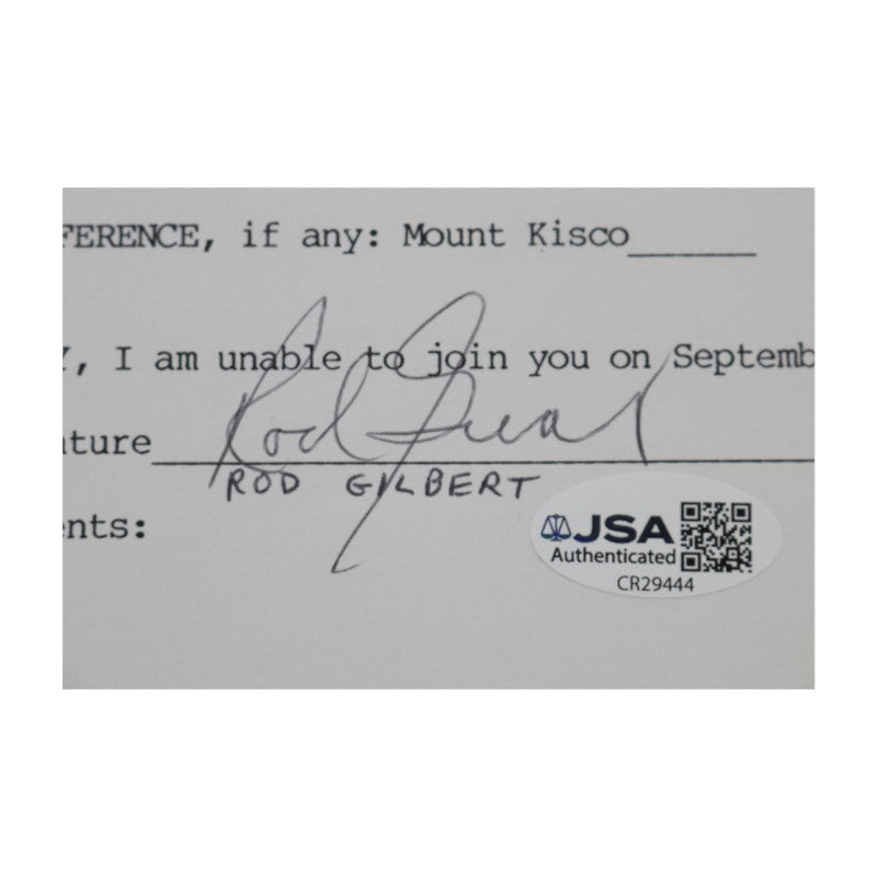 Rod Gilbert New York Rangers Signed Inscribed MBIA Invitational 6x8 RSVP Letter JSA COA