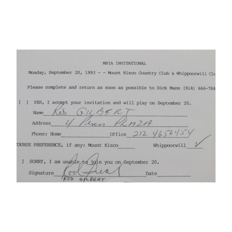 Rod Gilbert New York Rangers Signed Inscribed MBIA Invitational 6x8 RSVP Letter JSA COA