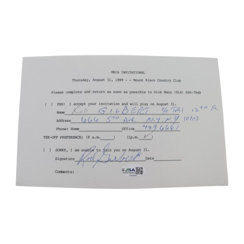 Rod Gilbert New York Rangers Signed Inscribed MBIA Invitational 6x8 RSVP Letter JSA COA