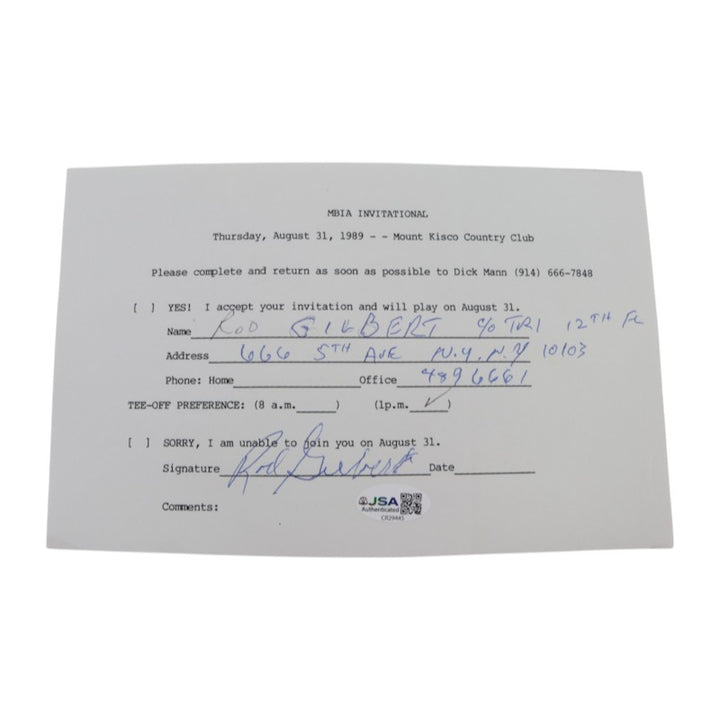 Rod Gilbert New York Rangers Signed Inscribed MBIA Invitational 6x8 RSVP Letter JSA COA