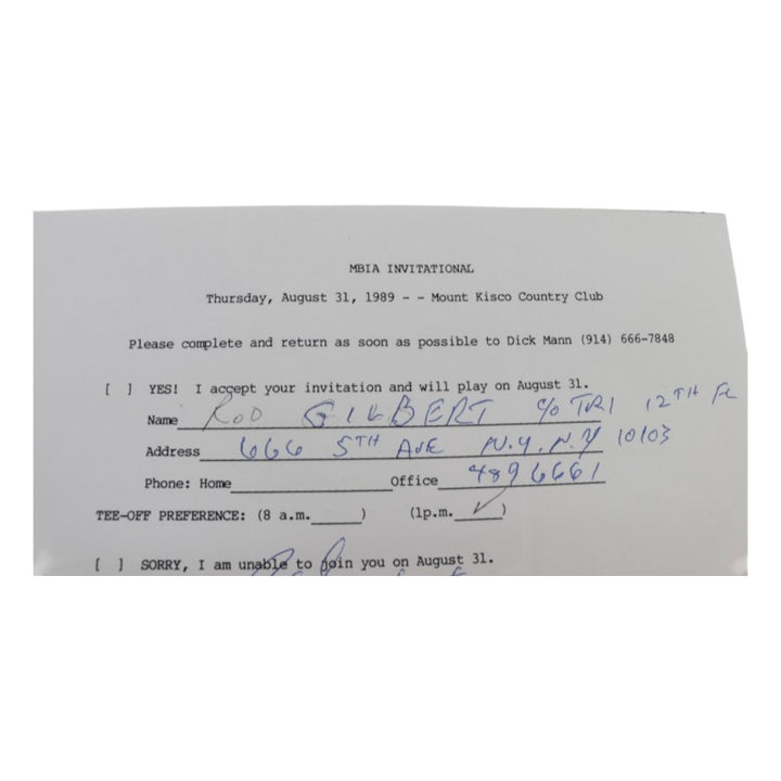 Rod Gilbert New York Rangers Signed Inscribed MBIA Invitational 6x8 RSVP Letter JSA COA