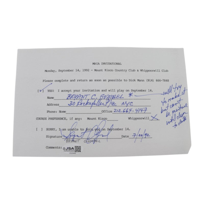 Byrant Gumbel Autographed Personalized MBIA Invitational 6x8 RSVP Letter JSA COA
