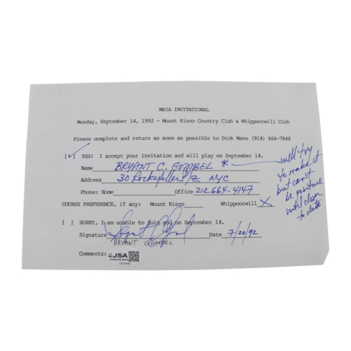 Byrant Gumbel Autographed Personalized MBIA Invitational 6x8 RSVP Letter JSA COA