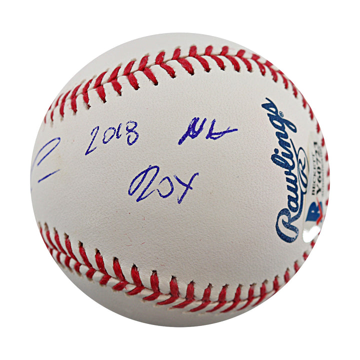 Ronald Acuna Jr Atlanta Braves Autographed Inscribed 2018 NL ROY OMLB Baseball Beckett