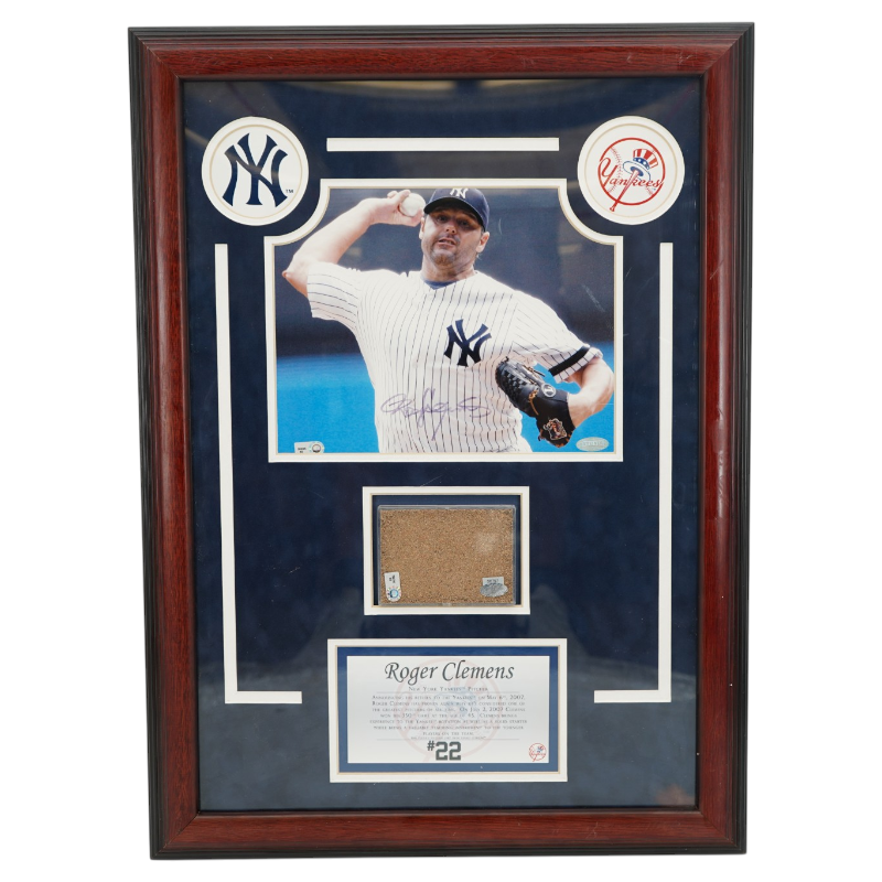 Roger Clemens NY Yankees Signed 8x10 Photo Game Used Dirt Collage Steiner LOA
