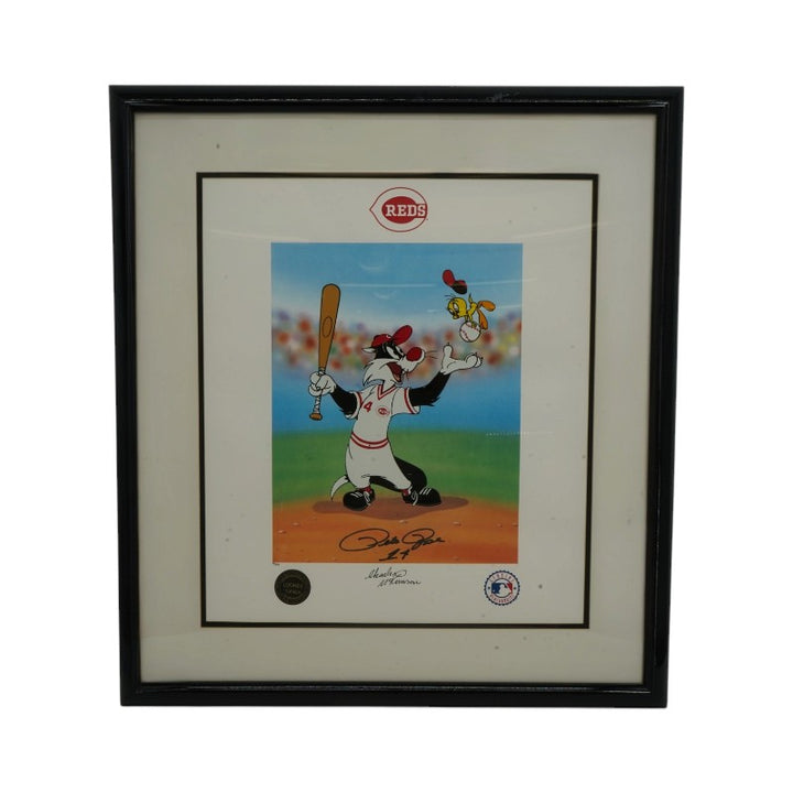 Pete Rose Cinciannati Reds Looney Tunes Signed 12 x 15 Framed Litho LE 19/375 JSA COA